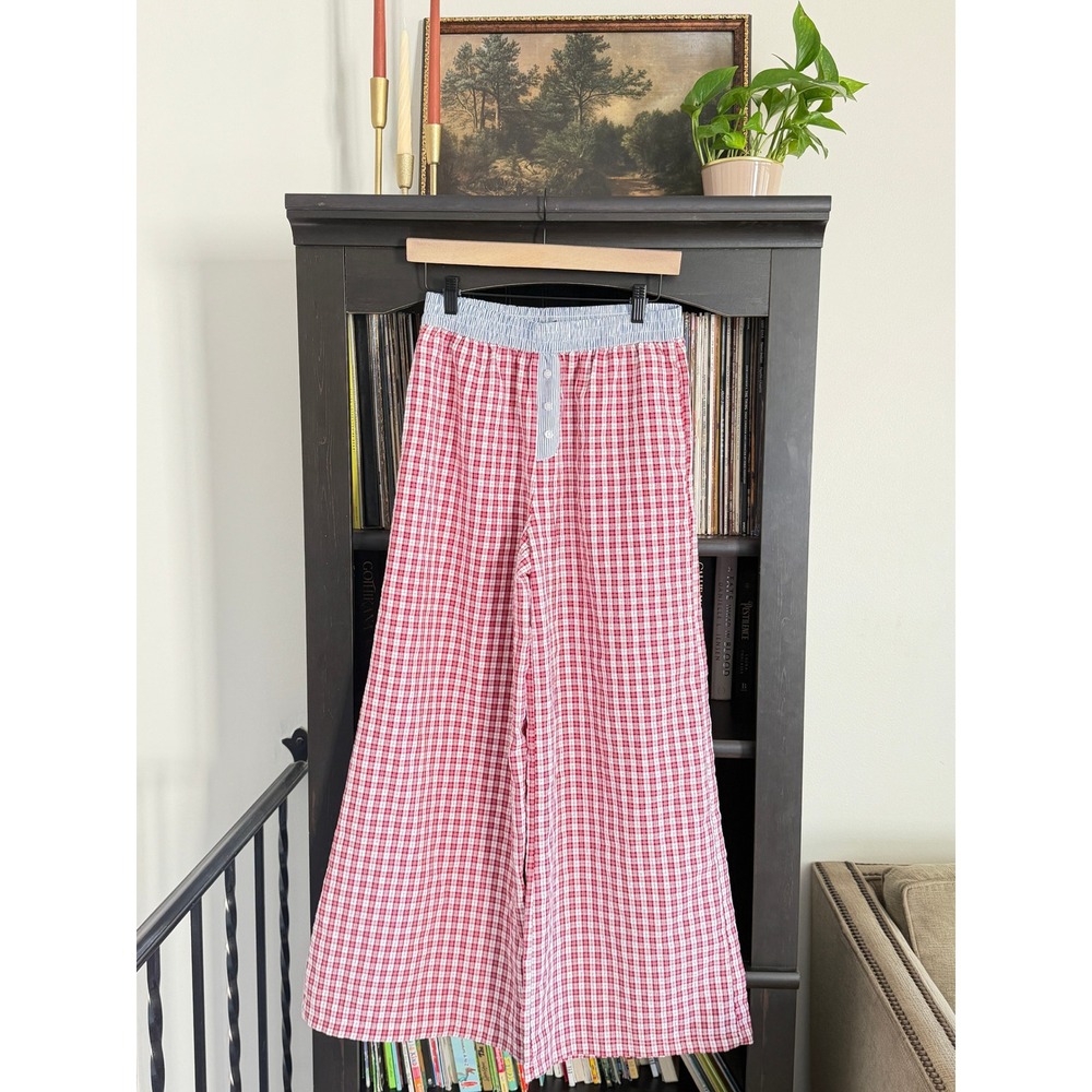Sincerely Jules Pajama Pants Women M Red Gingham Wide Leg Seersucker